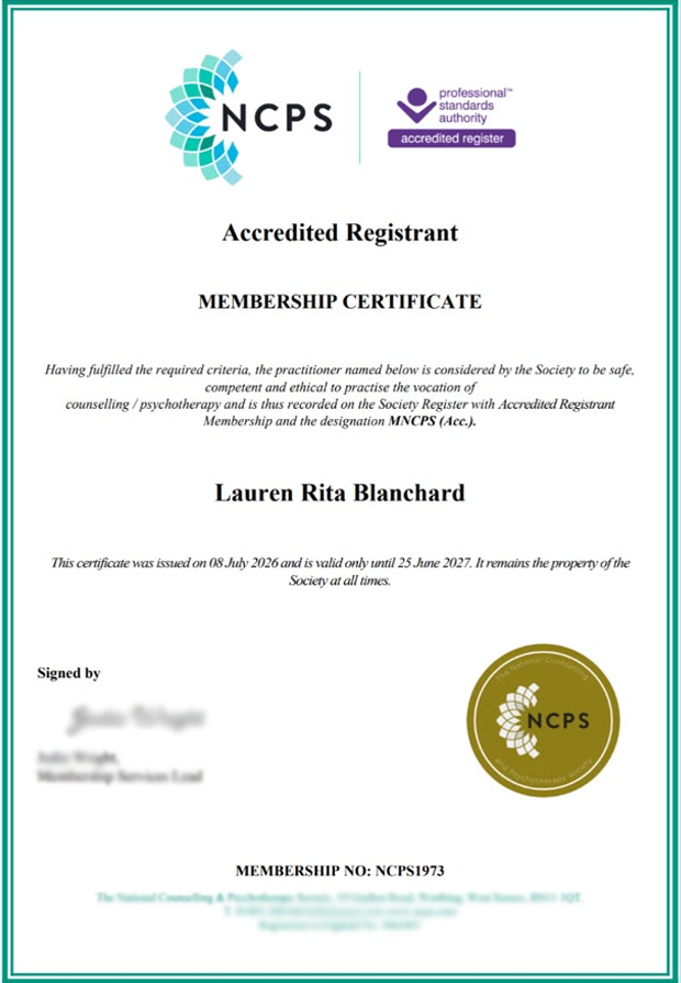 Lauren Blanchard's Level Five Psychotherapeutic Counselling certificate